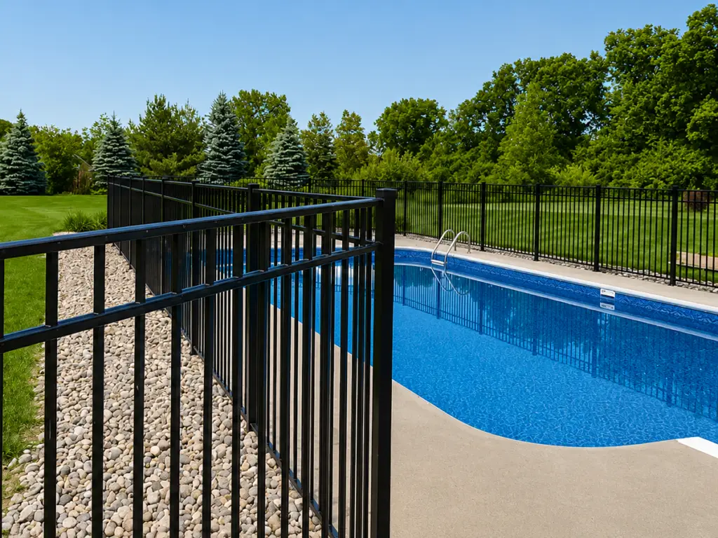 Black aluminum pool fence installation in Davison, Michigan