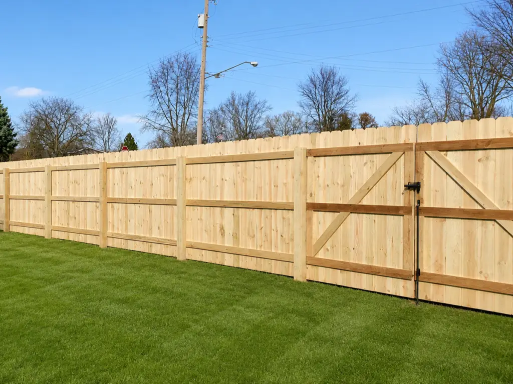 Wood privacy fence with double drive gate installation in Davison, Michigan