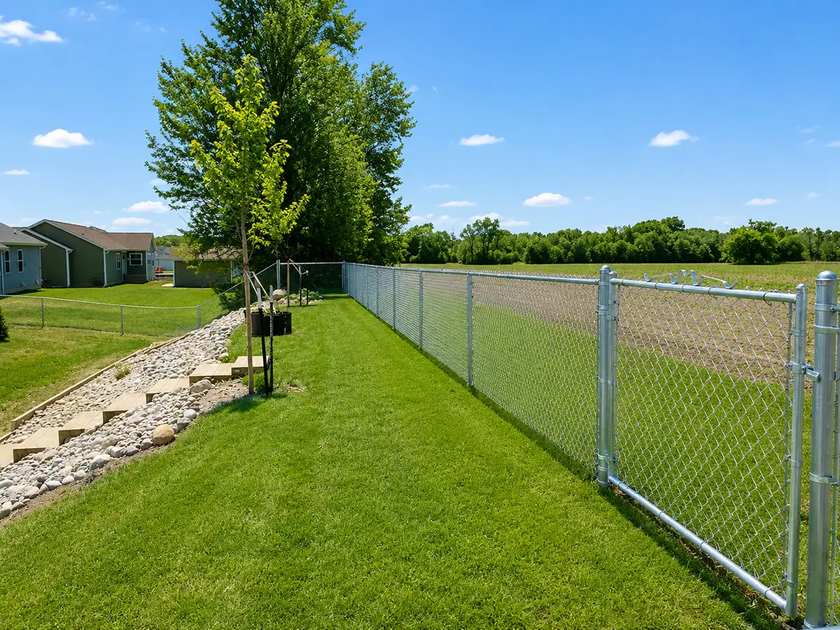 Galvanized chain link fence installed along a residential property line in Flushing, Michigan.